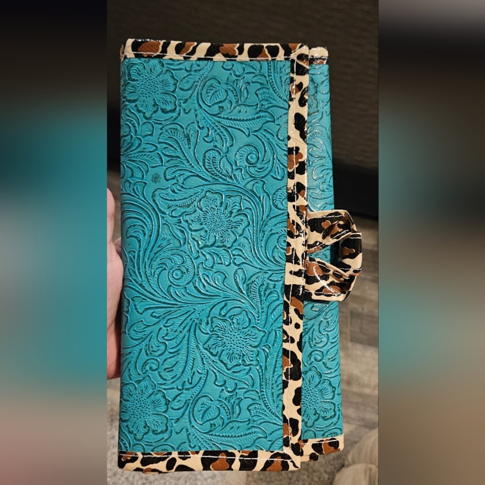 Embossed Turquoise Cosmetic Bag with Leopard Trim
